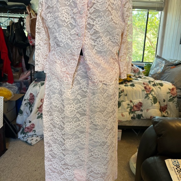 This is a vintage pink lace over satin two piece outfit from Sears and Robux - Picture 2 of 13
